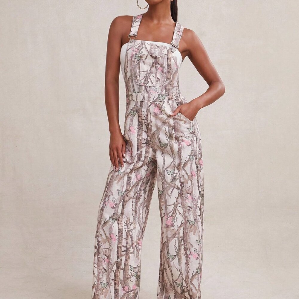 Multicolor Casual Women's Denim Jumpsuit Butterfly Camo Pocket